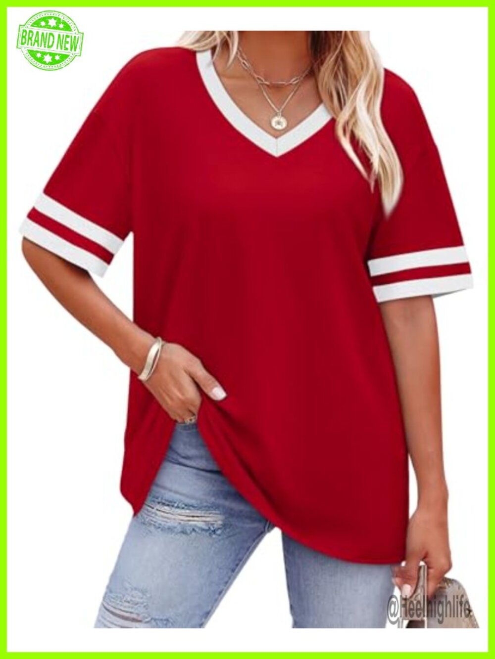 Womens Loose Fit V Neck Short Sleeve T Shirt Color Block Summer Top